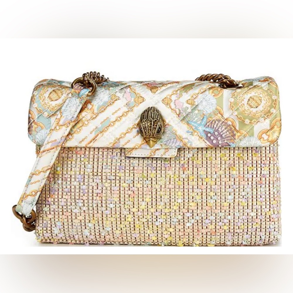 New Kurt Geiger Mixed Fabric and Raffia Kensington Crossbody Bag with dust bag